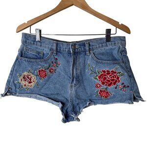 Forever 21 Floral Embroidered High Waisted Cotton Short Shorts Raw Hem Size 30